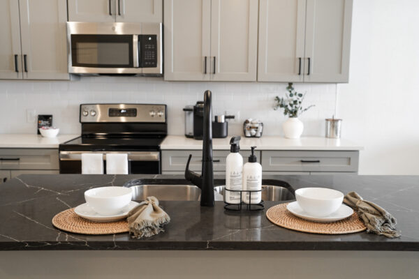 kitchen island with dinnerware set