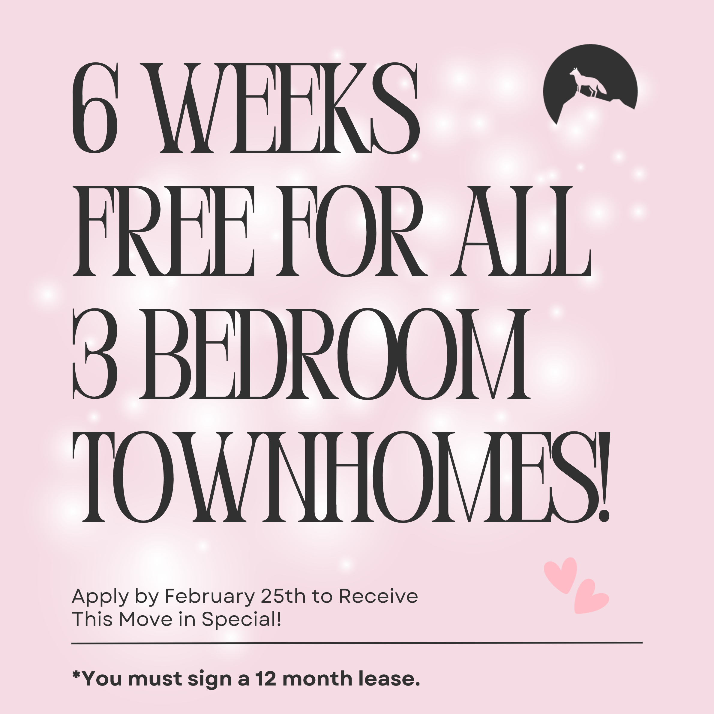 6 Weeks Free on all 3 Bedroom Townhomes!!